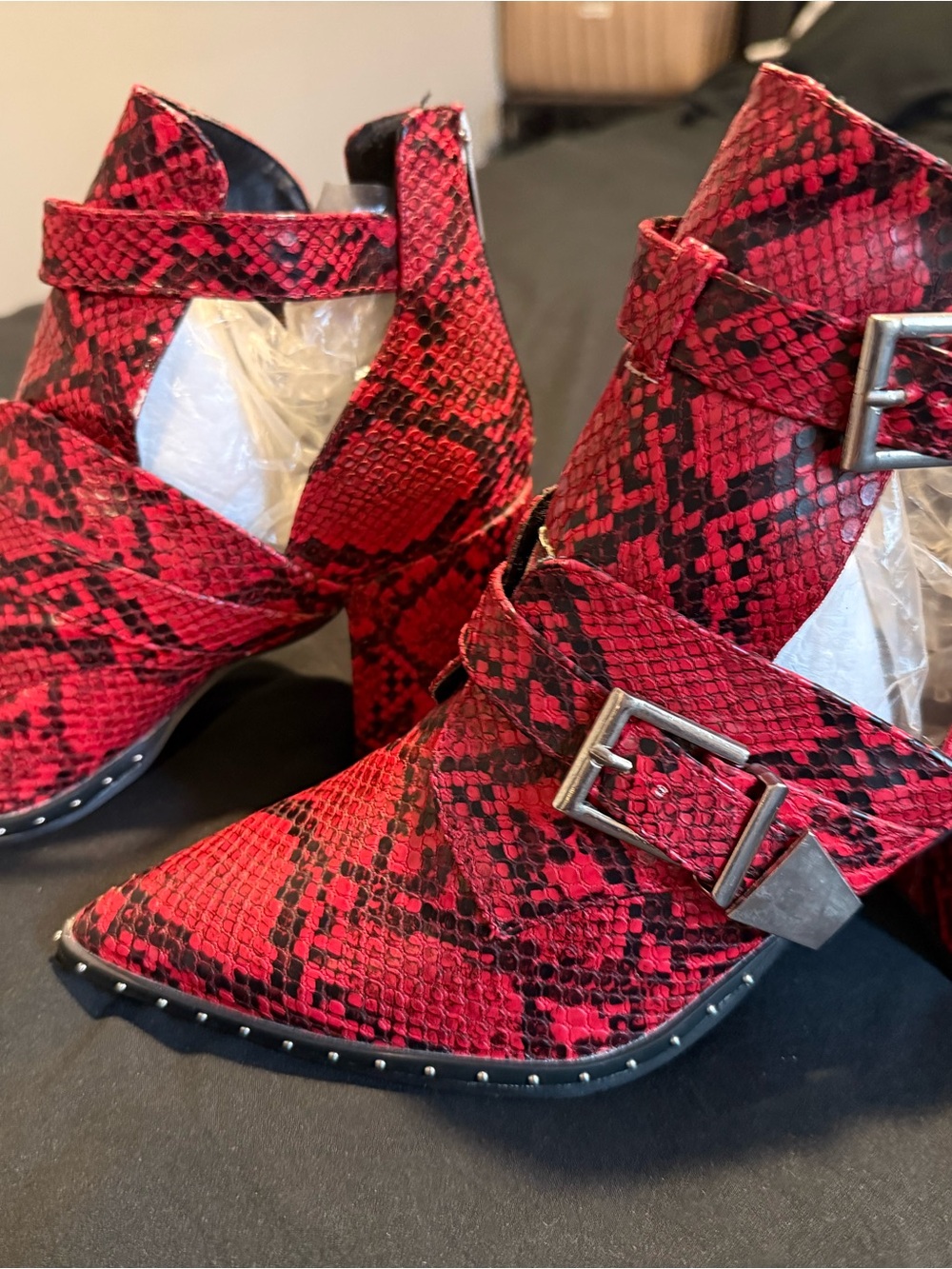 & Other Stories Red Snake-Print Buckle Pointed Ankle Booties